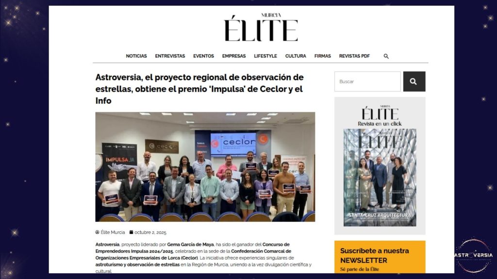 Publicación en Revista Élite Murcia sobre experiencias exclusivas de astroturismo y turismo astronómico en la Región de Murcia.