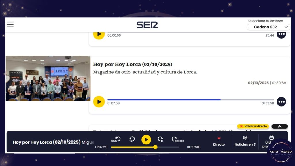 Entrevista en La SER Lorca sobre proyectos de astroturismo y divulgación astronómica en la comarca del Noroeste de Murcia.