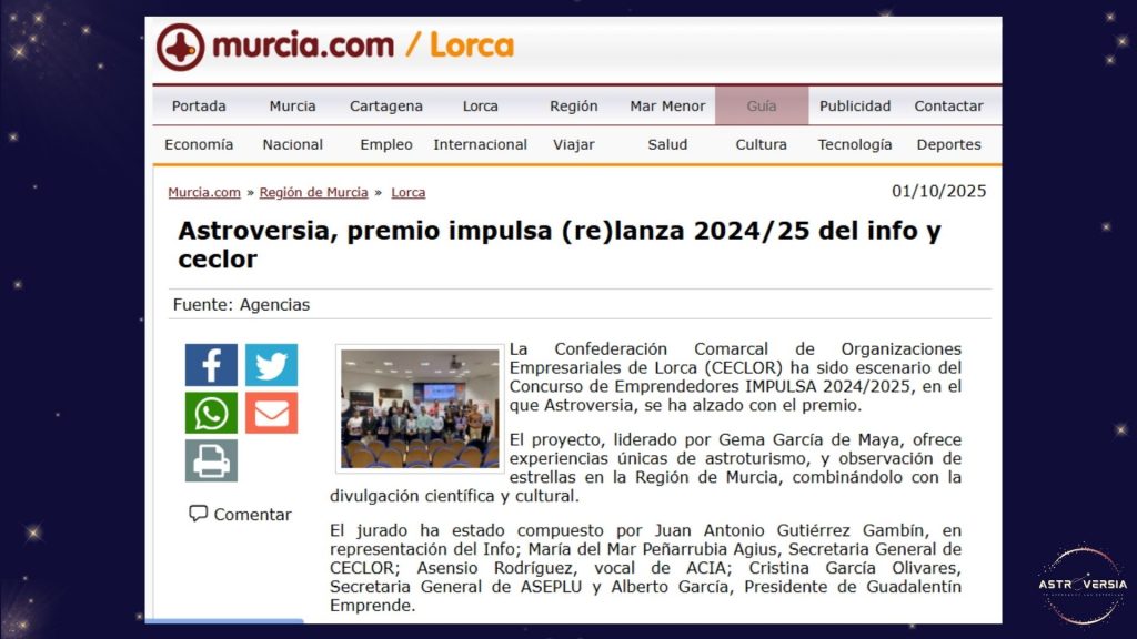 Artículo en Murcia.com sobre actividades de astroturismo y observación de estrellas en la Región de Murcia.